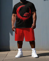 Courage Drips In The Dark Men's Big & Tall Skull & Moon Print Short Sleeve T-shirt & Shorts Set